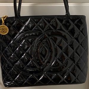 Authentic Chanel CC Black Patent Leather Gold  Medallion Tote Bag. Excellent